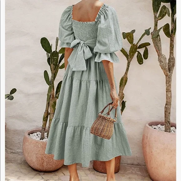 Amazon | Dresses | Uimlk Bought From Amazon Green Gingham Peasant Dress |  Poshmark